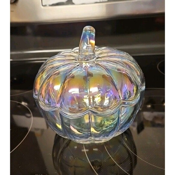 Beautiful Irridescent Heavy Glass Pumpkin Candy Display Bowl 7” X 7” - Picture 4 of 9